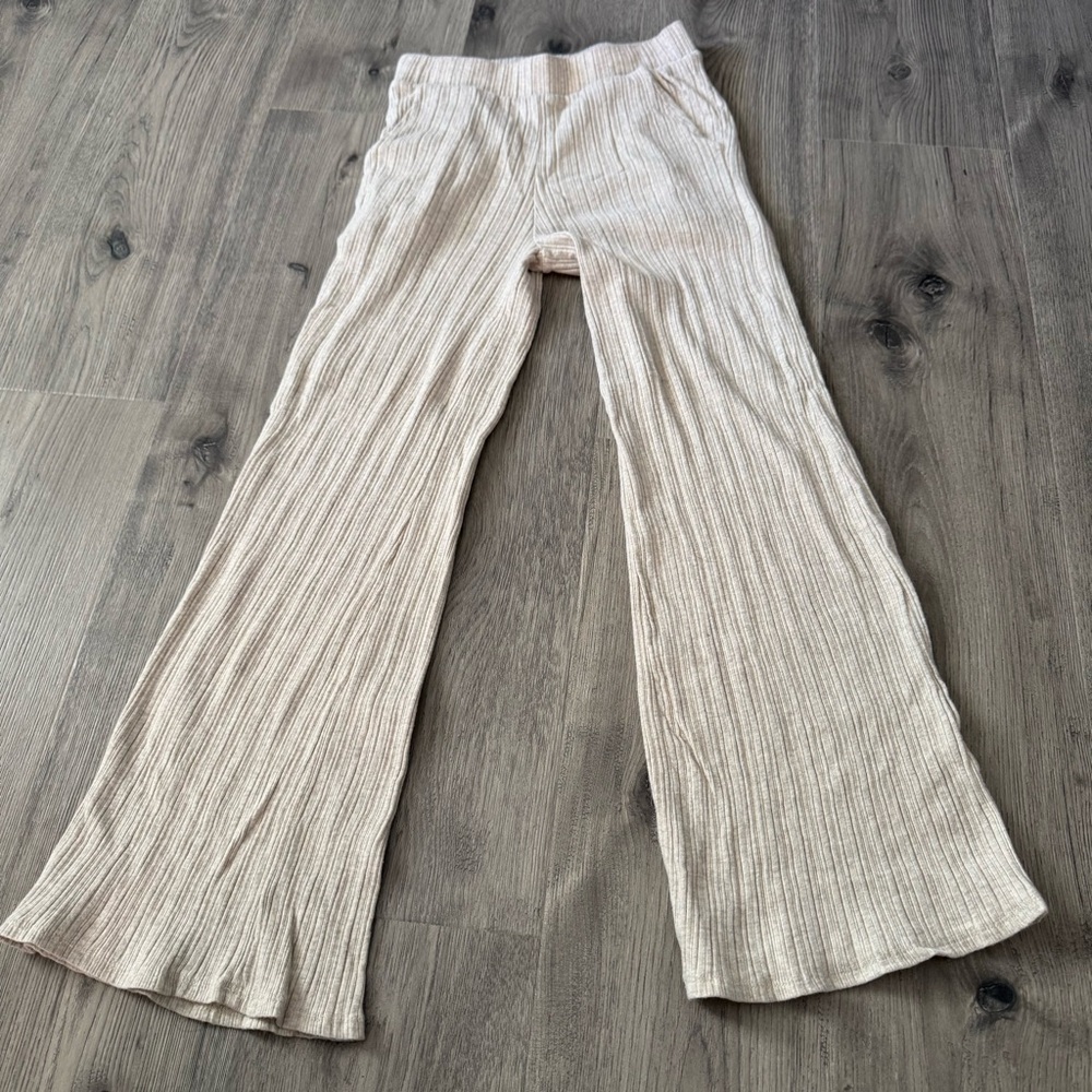 Entro Women’s Stretch Pull On Wide Leg Ribbed Cream Tan Beach Pants Size Small